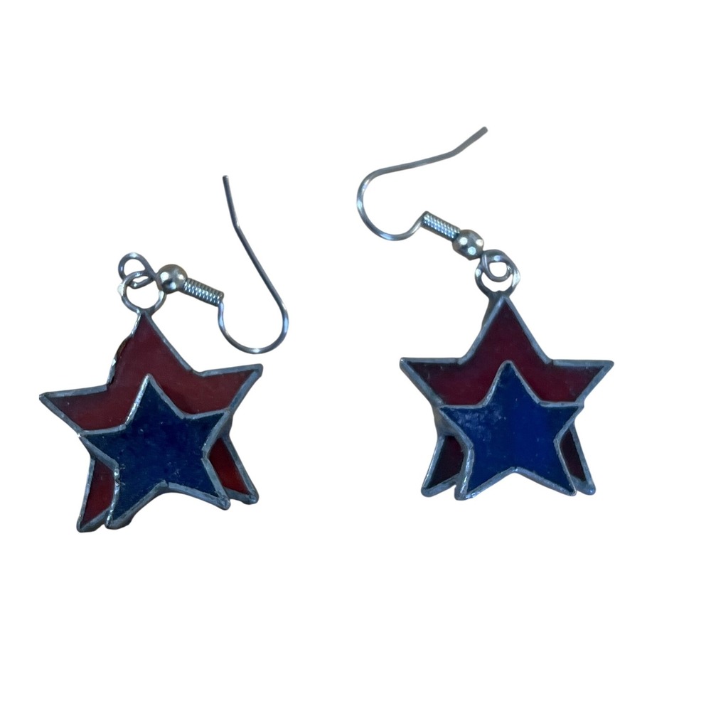 Red Blue Star Patriotic Dangle Earrings‎ Handmade Stained Glass Style Jewelry